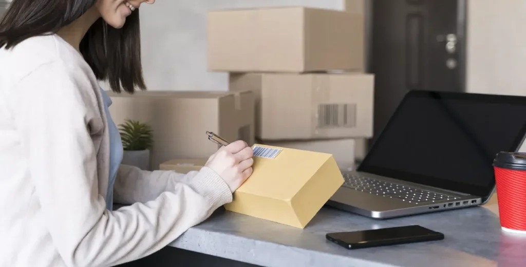 side-view-woman-writing-box-work